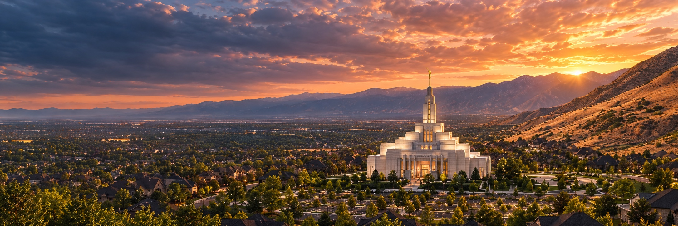 Artistically enhanced sunset panorama of the Draper Utah Temple overlooking the valley