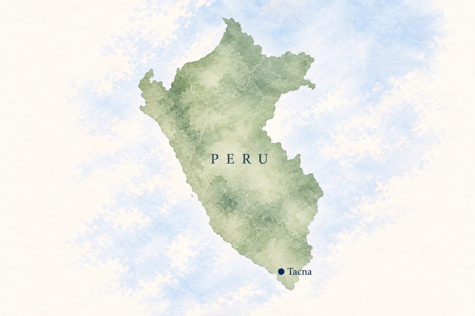 Watercolor map of Peru with Tacna marked near the southern border